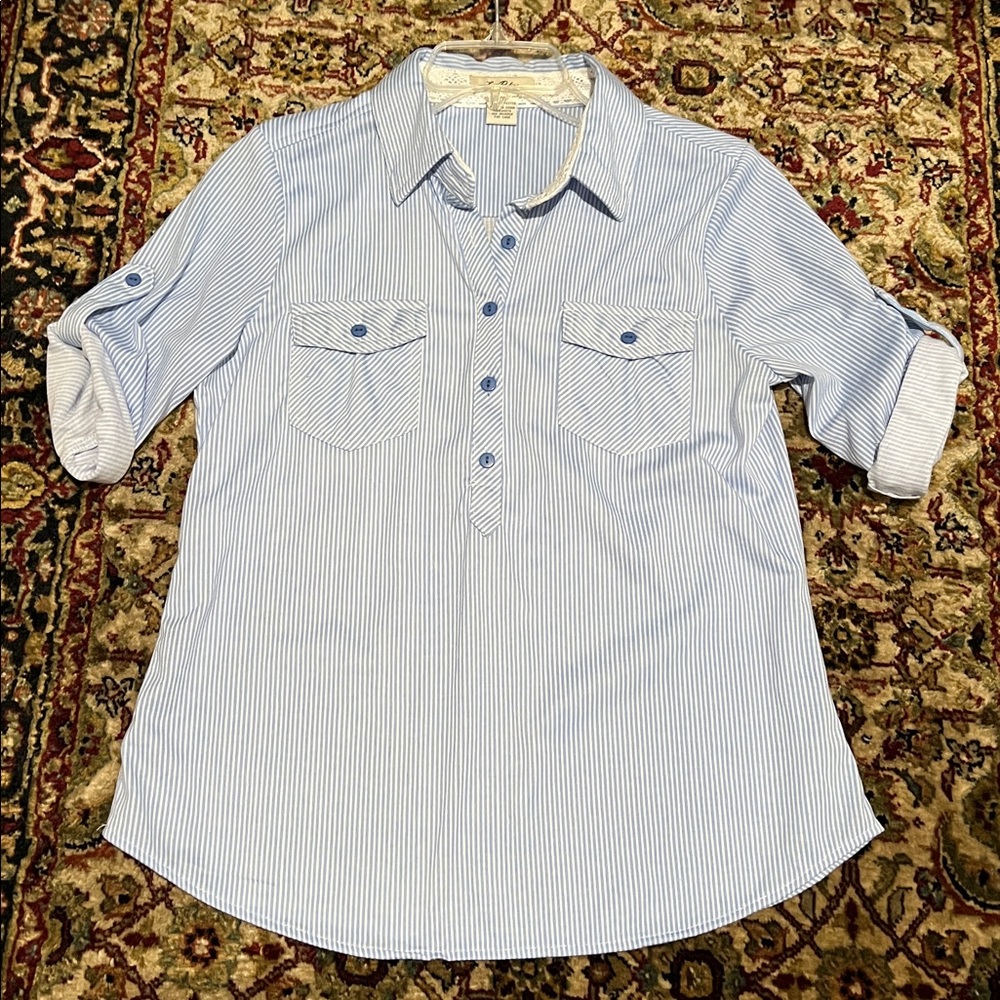 Light Blue Stripe Button-Front Women's Blouse Roll Sleeve Size Petite Small